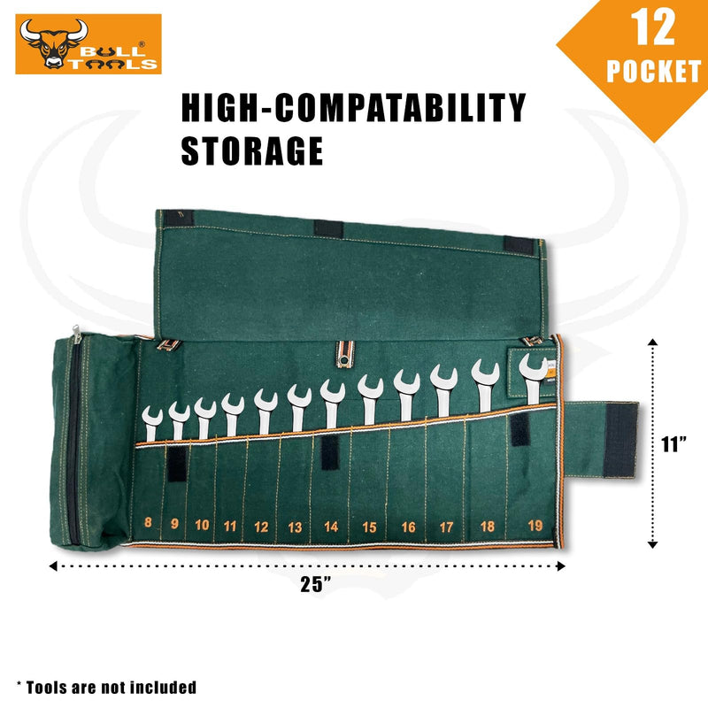 BULL TOOLS Tool Set Organizer, Tool Kit Pouch W 12+1 Pockets Wrench Set Organizer, Metric Ratcheting Recycled Cotton Canvas, Roll-Up Tool Bag for Mechanics, DIYers & Electricians (Tools Not Included) 12+1 Metric Olive Green