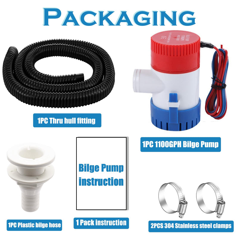 1-1/8 Boat Bilge Pump Hose Kit,1100gph Electric 12v Bilge Pump Can Choose,1-1/8 Dia 6 FT Kink-Free PVC Hose,1-1/8 Inch ABS Thru-Hull Fitting,2PCS Stainless Steel Hose Clamps for Boat Marine Hose Kit+Manual Bilge Pump
