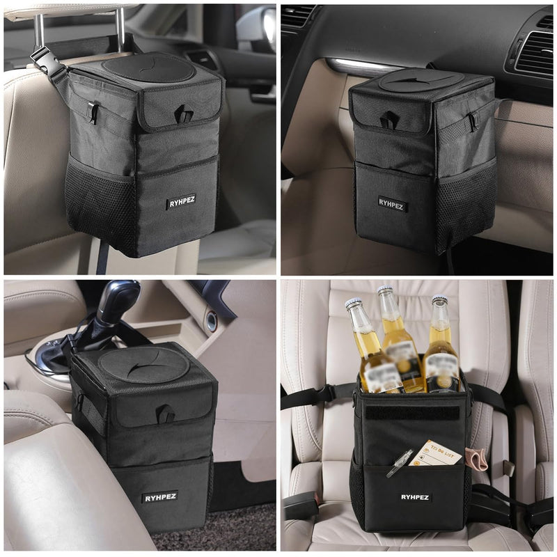 Ryhpez Car Trash Can with Lid - Leakproof Trash Bin Car Garbage Can, Collapsible Automotive Truck Organizer and Storage Bag Car Accessories for Women Men Road Trip Essentials Standard (Black)