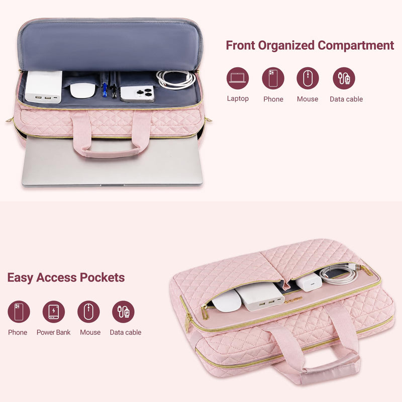 MOSISO Laptop Case 16 inch, 15-15.6 inch Laptop Sleeve with Handle, Pink | Compatible with MacBook Pro 16, HP Acer Dell Lenovo ASUS, Square Quilted Protective Carrying Computer Bag with 3 Pockets&Belt