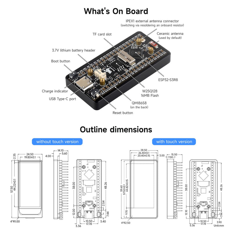 waveshare ESP32-S3 1.91inch AMOLED Display Development Board, 240×536, 32-bit LX7 Dual-core Processor, Up to 240MHz Frequency, Accelerometer and Gyroscope Sensor, with Touch Function