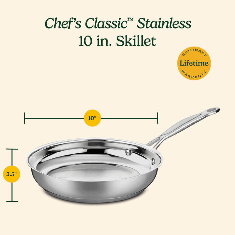Cuisinart 10-Inch Open Skillet, Stainless Steel Skillet Large Kitchen Pan, Dishwasher Safe, Compatible with Induction, Electric, Gas Cooktops, Oven Safe Saucepan, Cool Grip Handles Chef's Classic Stainless