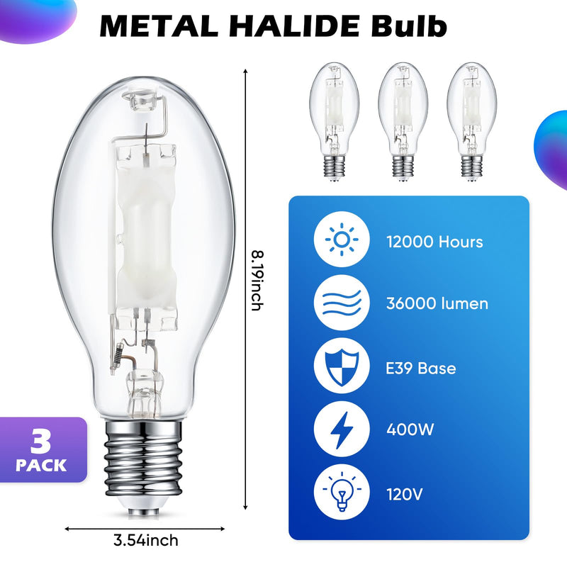 Rossesay 3 Pcs 400 Watt Lighting Metal Halide Lamp MH400/U/MOG 36000 Lumen 4000K Outdoor Light Bulb 12, 000 Hour Span Life Mogul Base (E39) ED28 High Intensity Discharge Metal Halide Bulb(400 Watt) 400 Watts