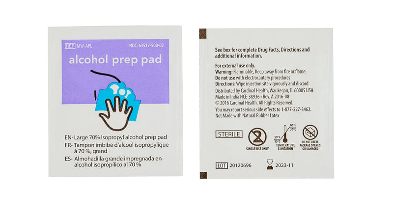 Cardinal Health MW-APL Individually Packaged 70% Isopropyl Alcohol Prep Pad - 9 x 4.5 cm - Non-Woven Pad - Topical Antiseptic - Prepare Skin for Injections - 2 Ply - Large - 1 Box of 200 Each
