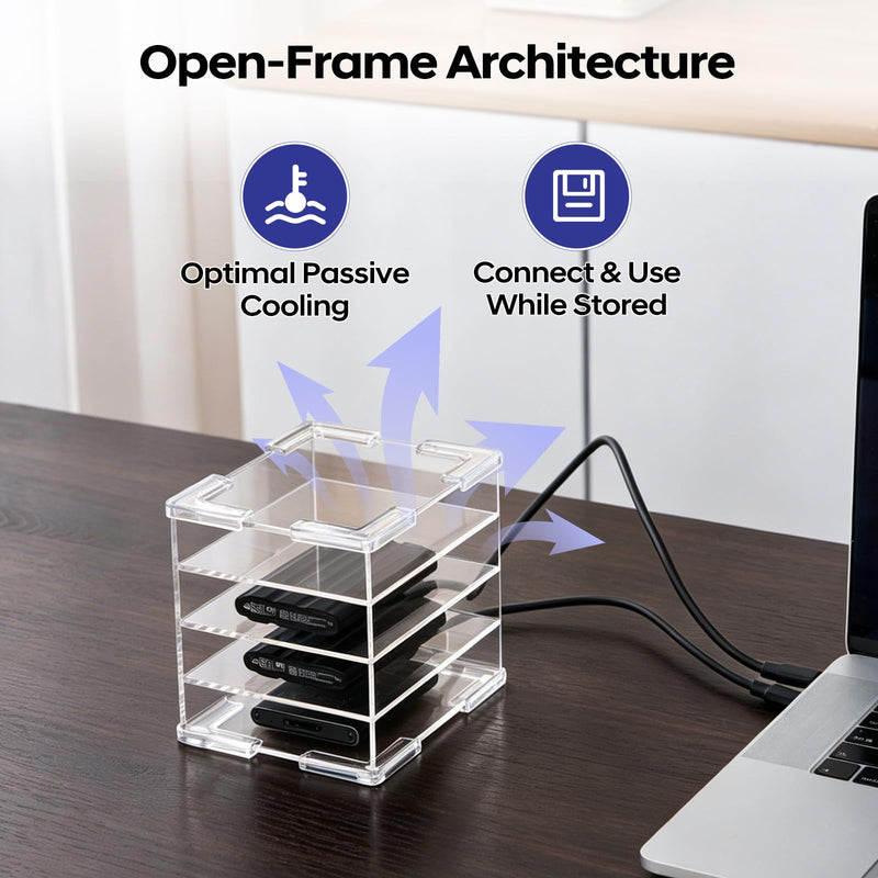 Acrylic External Hard Drive Organizer, 4-Bay Desktop Holder for HDD & SSD, Clear Portable Drive Storage