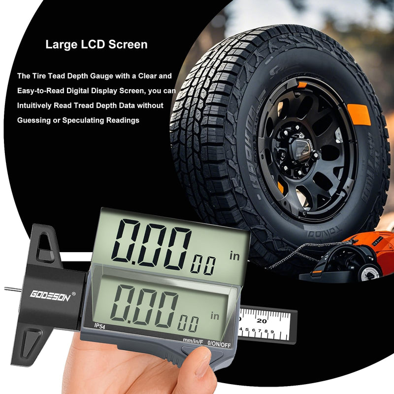 GODESON Digital Tire Tread Depth Gauge - IP54 Waterproof, 2.5" LCD Screen, 3 Modes (Fraction/Inch/MM), 1" Range, Auto-Off, Tire Wear Measure Gauge Tool 32nds for Car, Truck & SUV Tires IP54 IN/MM/FRAC - Grey