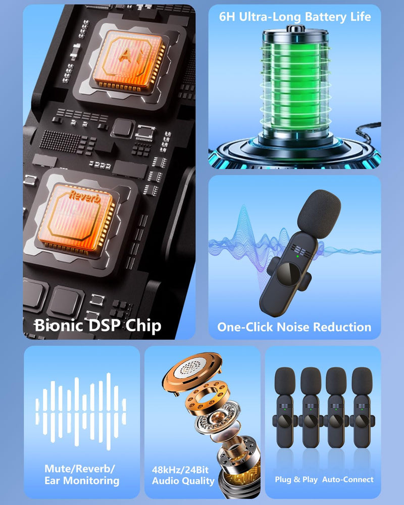 4 Wireless Lavalier Microphones Systems for iPhone Android Phone Pad Computer, Pro Clip On Mini Lapel Mics Little for Content Creators Video Recording Vlogging Podcast Stream, 48KHz 24Bit