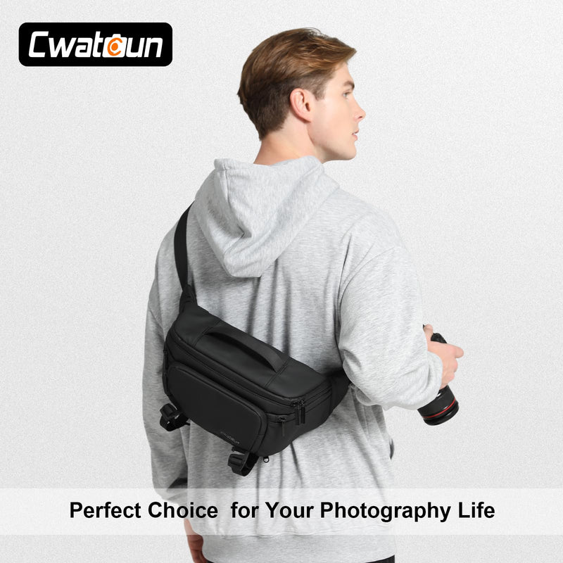 Cwatcun Large 3-in-1 Camera Waist Bag, Crossbody Fanny Pack for DSLR | 3-in-1: waist/crossbody/shoulder. Fits1 body+2lenses+tripod+flash. Waterproof, padded, detachable tripod strap. Black
