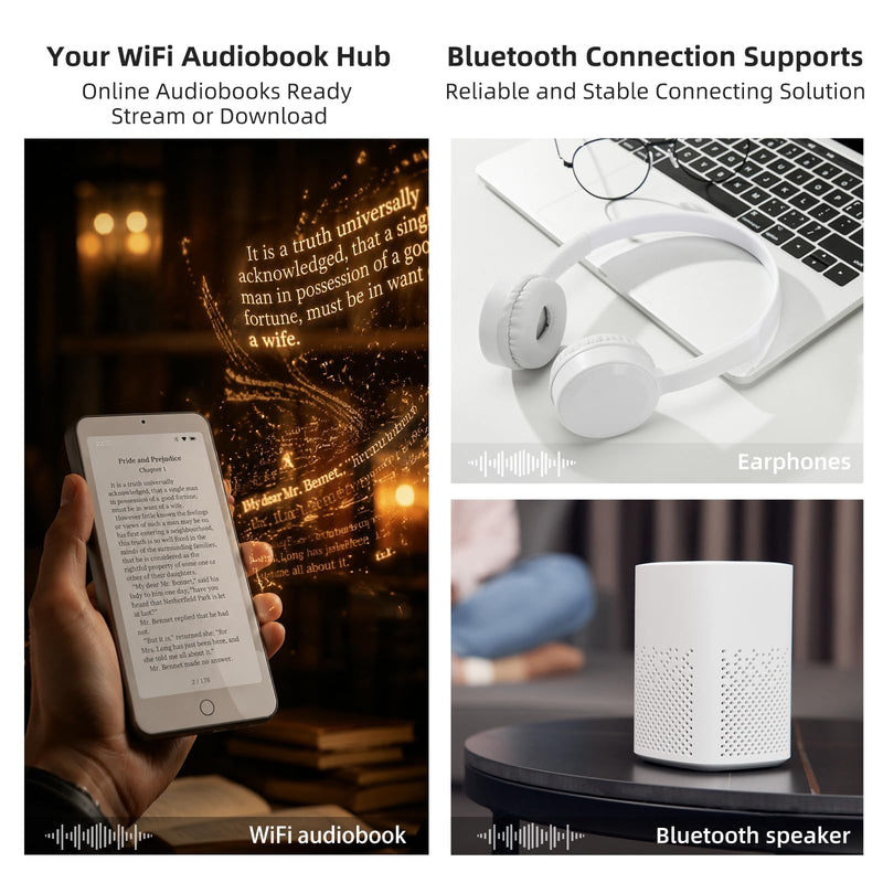 TIMMKOO 4'' Portable Audiobook Player No Ads No Distractions BT and WiFi | Touch Screen Audio Book Player with Bluetooth & WiFi, Loud Speaker, Built-in Audiobook and eBook Apps, 35H Battery, Up to 1TB Wihte+Black