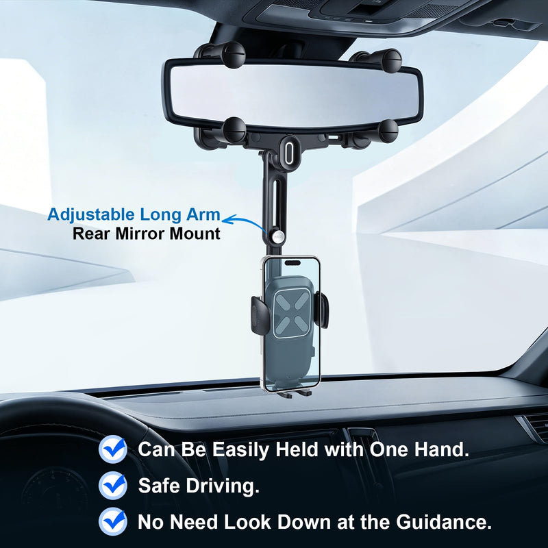 alpmosn Car Phone Holder, Anti-Shake Rear View Mirror Phone Holder for Car, 360° Rotating and Retractable Rearview Mobile Holder for Car, Fit for Almost Smartphones & Bigger Vehicle