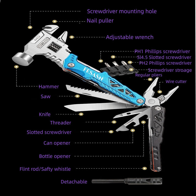 Upgraded Adjustable Wrench Multitool Hammer, 18 in 1 | Pocket Multi Tool Pliers, All-in-One Survival Tool, Camping, Everyday Use Upgraded Wrench