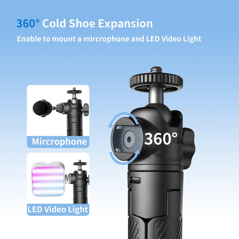 Auto Open 360° Rotation Invisible Selfie Stick for DJI Osmo 360/Insta 360 | LEEKAI PX05 11.8" Desktop Stand w/Cold Shoe&Claw Adapter&Phone Holder for Osmo Pocket 4P/4/3, Action 6, Insta360 Luna Ultra Black