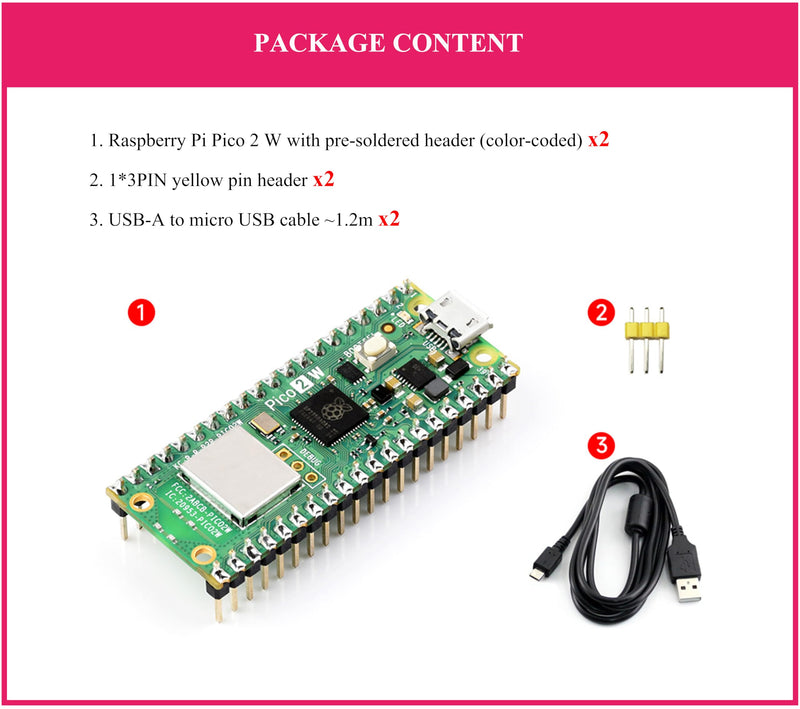 (2PCS) Pico 2 W with Color-Coded Pre-Soldered Header Compatible with Raspberry Pi Pico 2 W Microcontroller, 2.4GHz 802.11n Wireless LAN WIFI4 and Bluetooth 5.2, RP2350 Dual-Core& Dual-Architecture