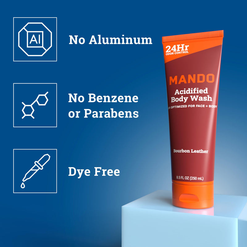 Mando Odor Shield Body Wash - 24 Hour Control - Removes Odor Better than Soap - SLS Free, Paraben Free, Skin Safe - 8.5 Ounce (Pack of 2) (Bourbon Leather) Bourbon Leather 8.5 Fl Oz (Pack of 2)