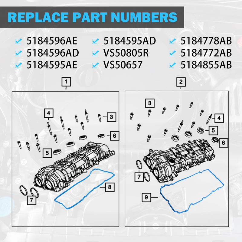 Valve Cover Gasket Set - Compatible with 3.6L V6 Dodge Journey, Durango, Avenger, Jeep Cherokee, Wrangler, Ram 1500, ProMaster, Chrysler 200, 300 - Replace VS50805R, 5184596AE