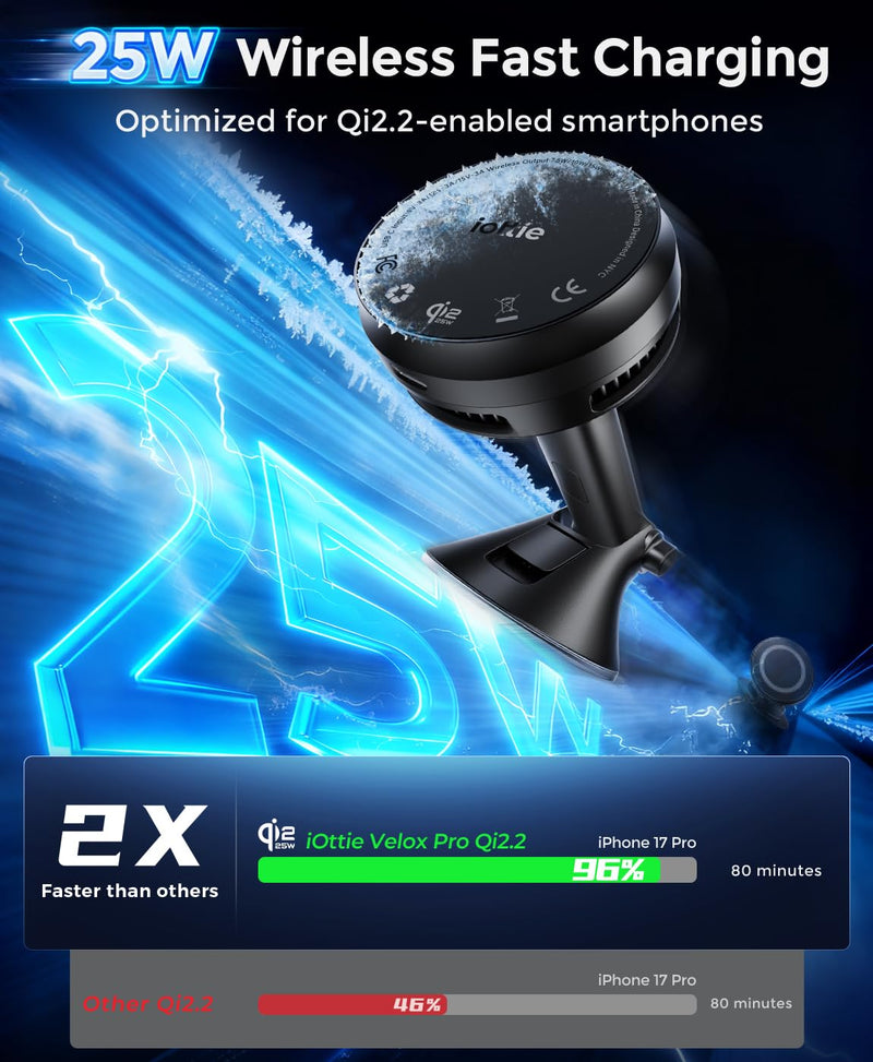 iOttie Velox Pro Qi2.2 25W Fast Charging Magnetic Wireless Car Charger, Dash & Windshield Mount, Built-in Fan Cooling, for iPhone 12/13/14/15/16/17, USB-C Cable & 45W Car Charger Included