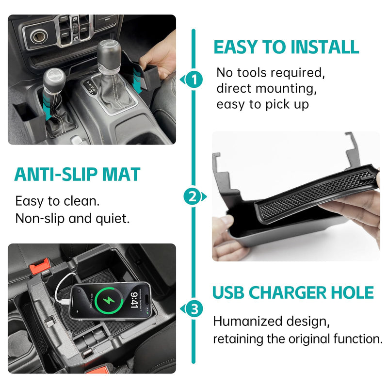 3PCS Center Console Organizer Combo Kit Compatible with 2018-2025 Jeep Wangler JL JLU 4XE Rubicon Sahara & Gladiator JT Accessories, Insert/Hanging Armrest Storage Box & Gear Shift Side Tray