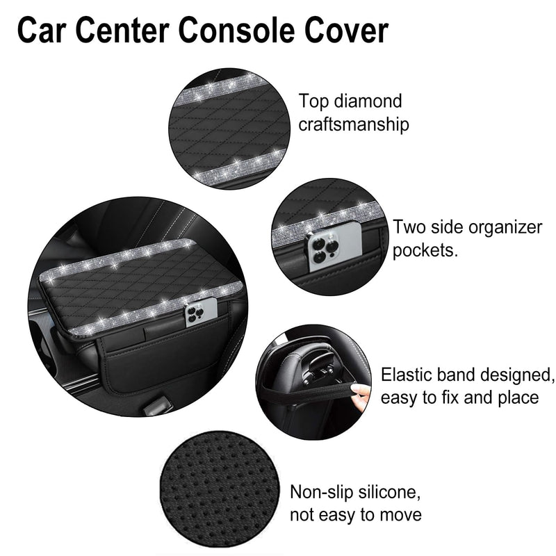 NBTEPEM Bling Car Center Console Cover, Leather Car Arm Rest Cover Cushion with 2 Storage Bags, Universal Auto Armrest Protector Storage Box, Bling Accessories Interior for Most Vehicles (Silver) Silver Diamond