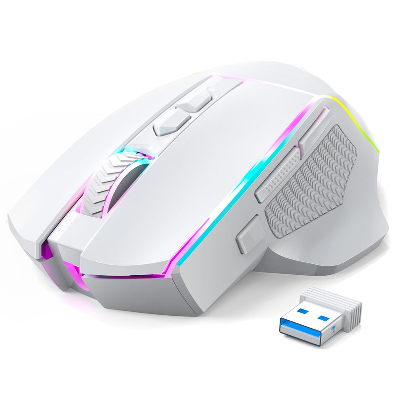 Redragon Wireless Gaming Mouse, Tri-Mode 2.4G/Bluetooth/USB-C, 7 Programmable Buttons, Tactile Rapid Fire Key, 24000 DPI RGB Ergonomic Mouse for PC Windows Gaming & Work, M814W White