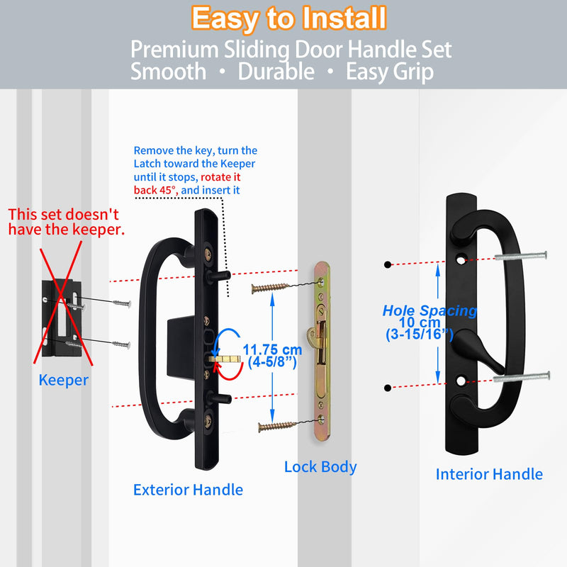 Sliding Glass Door Handle Set Replacement with Keyed Lock, 3-15/16" Screw Hole Spacing, Reversible Non-Handed Patio Door Handles, Aluminum Pull, Fits 1-3/8" to 2" Thick Doors (Black, No Keeper) Black