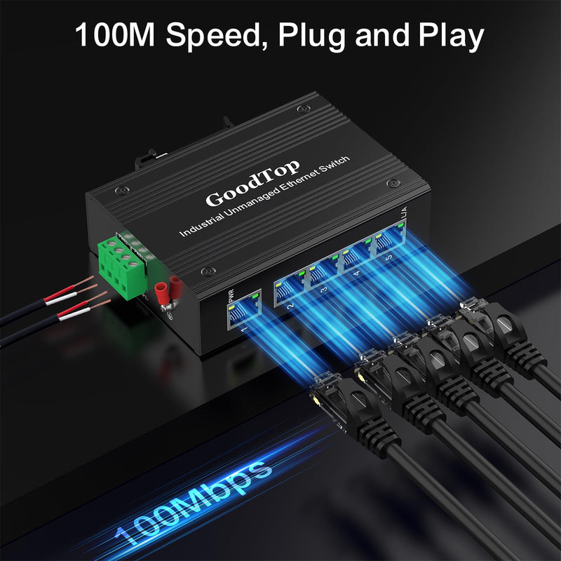 5 Port 100Mb Unmanaged Industrial Switch with DIN Rail 15W Power Supply,10/100Mbps Fast Ethernet,IP40,4KV Lightning Protection,Operating Temperature Range -40° – 80°C DIN Rail Network Switch 5 Port 100M