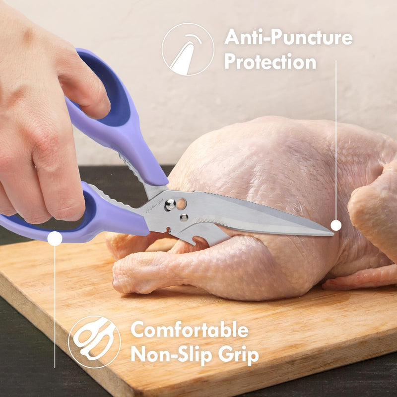 All Purpose Kitchen Scissors for Food and Heavy-Duty, Stainless Steel Cooking Shears for Chicken, Poultry, Meat, Herbs, Fish, Bones, Multi-Purpose Cooking Accessories with Cap and Sharpener Blue-purple