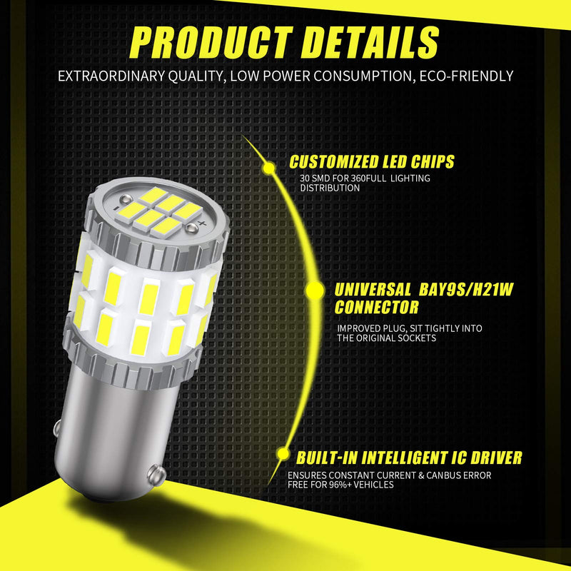 AILEO BAY9S H21W LED Bulb White 6000K 3014SMD Extremely Bright 64136 12356 LED Spare Bulb for Reversing Lights Tail Brakes Parking Lights Side Marker Lights Corner Lights(Pack of 2)