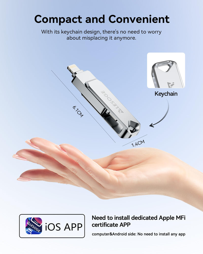 MFi Certified 256GB Flash Drive for iPhone Photo Stick Thumb Drive, USB Memory Stick iPhone Flash Drive for Photos Videos, High Speed Jump Drive External Storage for iPhone/iPad/Android/PC (Silver) Light Grey