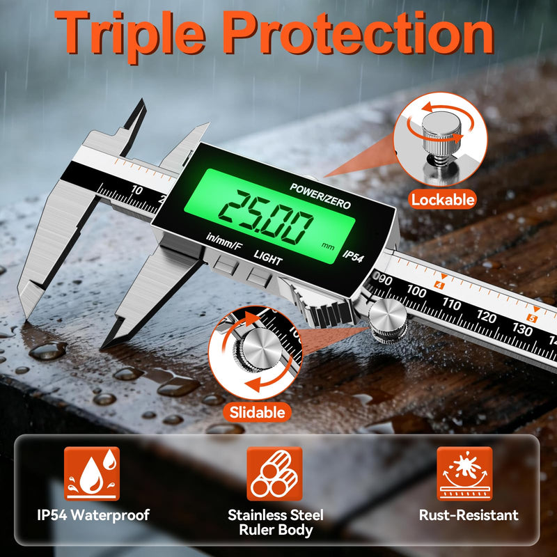 Preciva Backlight Digital Caliper,6inch IP54 Waterproof Rechargeable Electronic Micrometer with LCD Screen, Measurement Conversions for in/MM/F Precision Tool for DIY and Professional Use（Black）