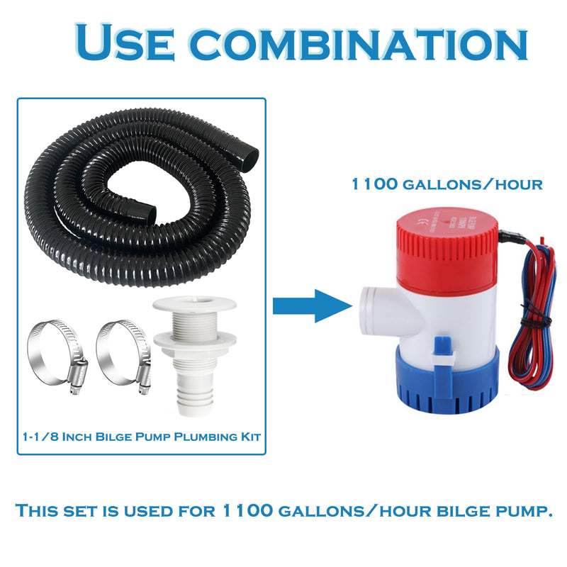 1-1/8 Boat Bilge Pump Hose Kit,1100gph Electric 12v Bilge Pump Can Choose,1-1/8 Dia 6 FT Kink-Free PVC Hose,1-1/8 Inch ABS Thru-Hull Fitting,2PCS Stainless Steel Hose Clamps for Boat Marine Hose Kit+Manual Bilge Pump