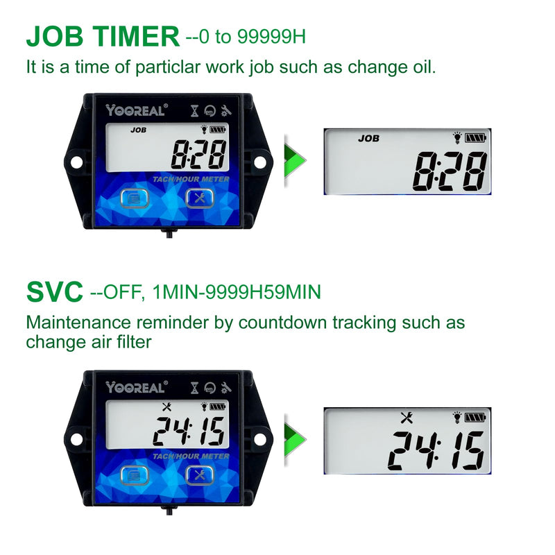 YOOREAL Digital Tachometer Hour Meter Maintenance Reminder with Clips Backlight Replaceable Battery Waterproof for Lawn Mower Motorcycle Outboard Motor Generator Snow Blower etc