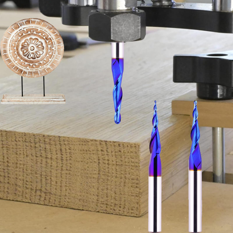 3 PCS CNC Router Bits 1/4" Shank 2D&3D Carving Tapered Angle Ball Nose Solid Carbide Spiral End Mill for Wood Carving Engraving 3 PCS Set