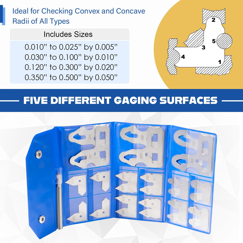 26 Pc Radius Gauge Set 0.010'' to 0.500'' Gauges with Holder, 3602-5025 Radius Measuring Tool 26