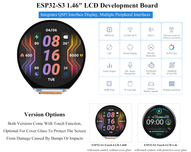 ESP32-S3 1.46inch Round Touch Display Development Board, 412x412 IPS LCD, Onboard Speaker and Microphone/Audio Input and Output, Supports Offline Speech Recognition and AI Speech Interaction
