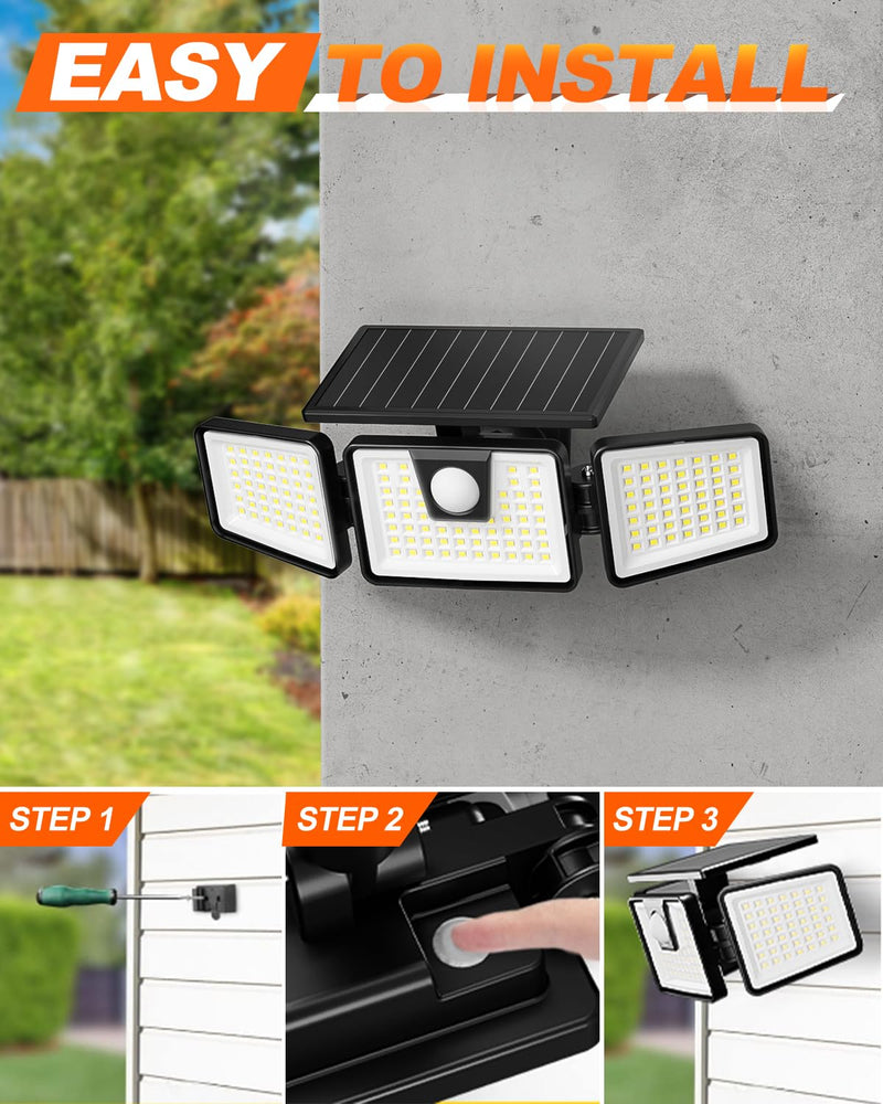 INCX Solar Motion Sensor Lights Outdoor, 3 Heads Security Lights Solar Powered, 156 LED Flood Light Motion Detected Spotlight for Patio Yard Garage Entryways, IP65 Waterproof 1 Pack Black 1 Pc