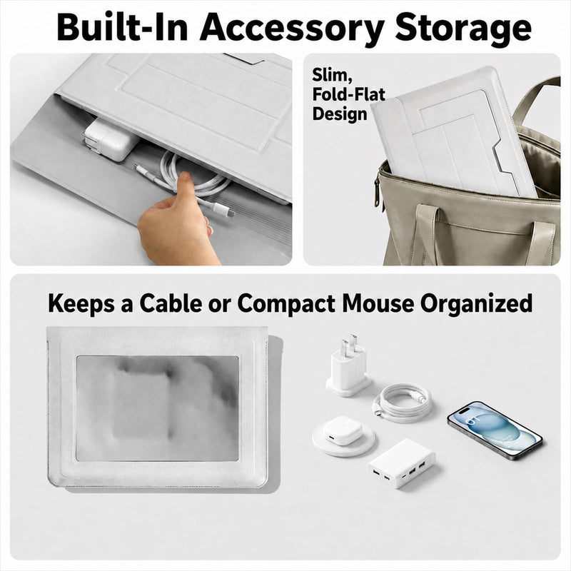 2-in-1 Laptop Sleeve with Stand, 13-14 Inch, PU Leather, Grey | Magnetic origami design folds into a 3-angle stand with a water-repellent PU exterior and storage for mouse and cable.