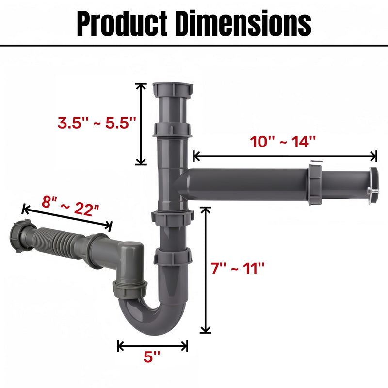 Garbage Disposal Installation Kit, Complete Kitchen Sink Drain Pipe Kit for Double Bowl Sink, 1-1/2" Plumbing, Wall Mount or Floor Drain, Includes Elbow, P trap, Flange, Gasket and Adjustable Tailpipe