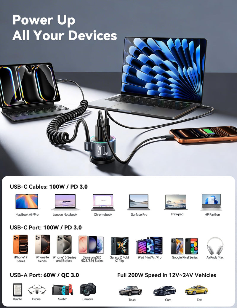FLYLEAD 200W Car Charger USB C Fast Charge, [GaN] PD100W Fast Car Charger | Cigarette Lighter Phone Charger Adapter for iPhone 17/16/15 Pro Max, MacBook Pro Air Laptop, Samsung S26/S25, Pixel, iPad Pro Black