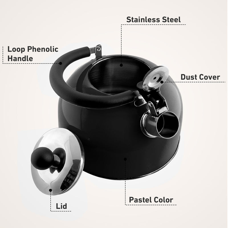 Lily's Home 2 Quart Stainless Steel Whistling Tea Kettle, the Perfect Stovetop Tea and Water Boilers for Your Home, Dorm, Condo or Apartment. (Black) Black(2 Quarts)