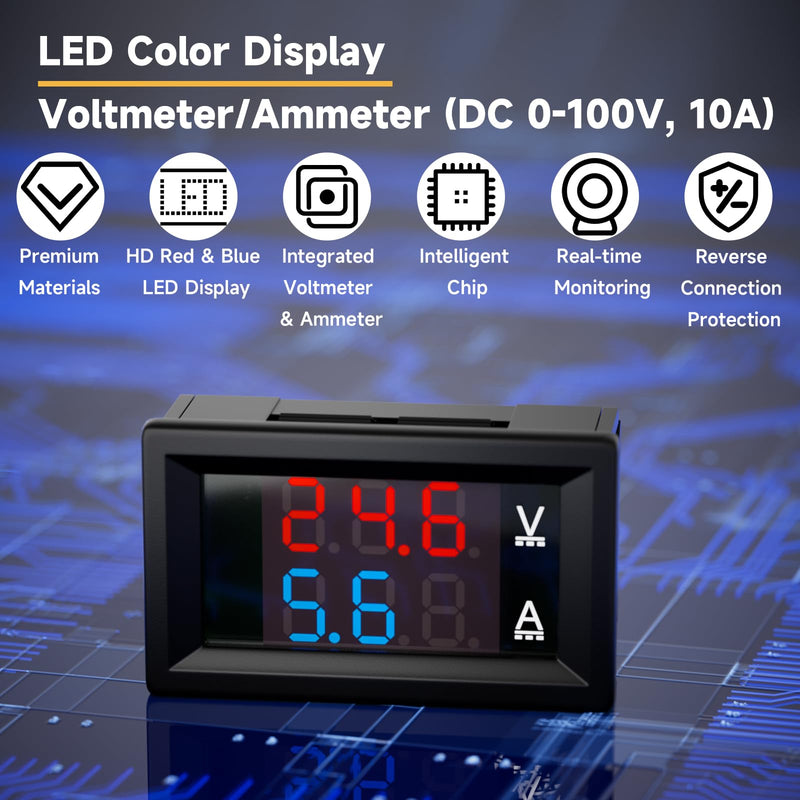 2Pack 0.28" Digital Voltmeter Ammeter DC 0-100V 10A, Red & Blue Dual LED Display Panel with Connect Wires, 2 in 1 Volt Amp Monitor Tester Used for Electronic Circuit Experiments EV Cars Boats