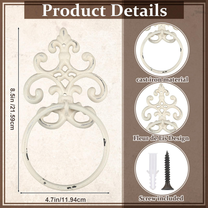 1 Pcs White Vintage Cast Iron Solid Towel Ring Fleur De Lis Design Antique Towel Holder for Bathroom Kitchen Accessories Wall Mounted Christmas Party Gifts 8.5 x 4.7 Inches 1