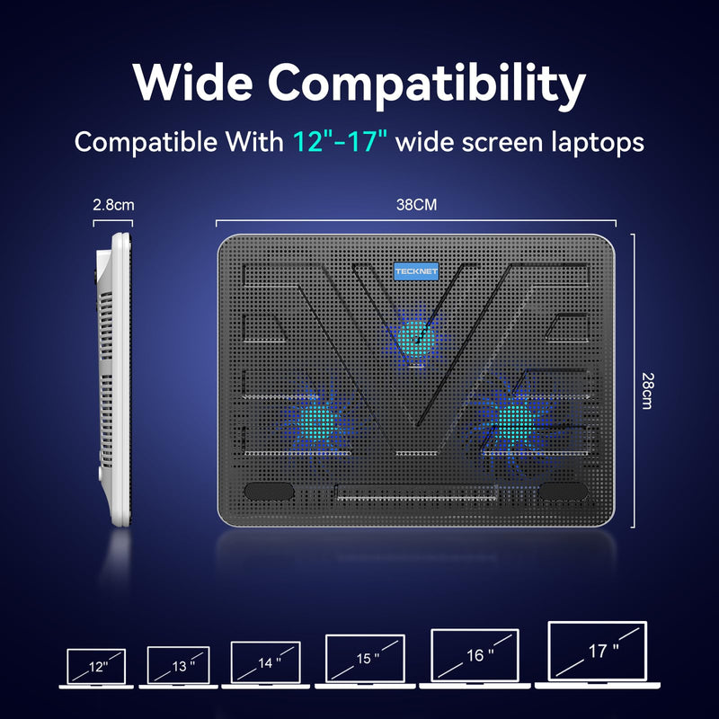 TECKNET Laptop Cooling Pad, Portable Slim Quiet USB Powered Laptop Notebook Cooler Cooling Pad Stand Chill Mat with 3 Blue LED Fans, Fits 12-17 Inches (White) White