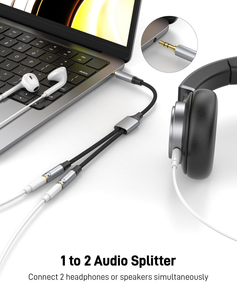 3.5mm Headphone Splitter, Aux Audio Stereo Y Splitter Extension Cable Male to Female Dual Headphone Jack Adapter for Switch 2/PS4/PS5 iPhone iPad, Tablet, Laptop. grey 1 Pack