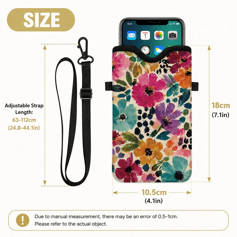 Floral Neoprene Cell Phone Sleeve Pouch Case Bag for Women Men with Crossbody Strap, 7.1x3.9 in, Shockproof Mobile Protection Case Bag with Neck Lanyard, Colorful Floral