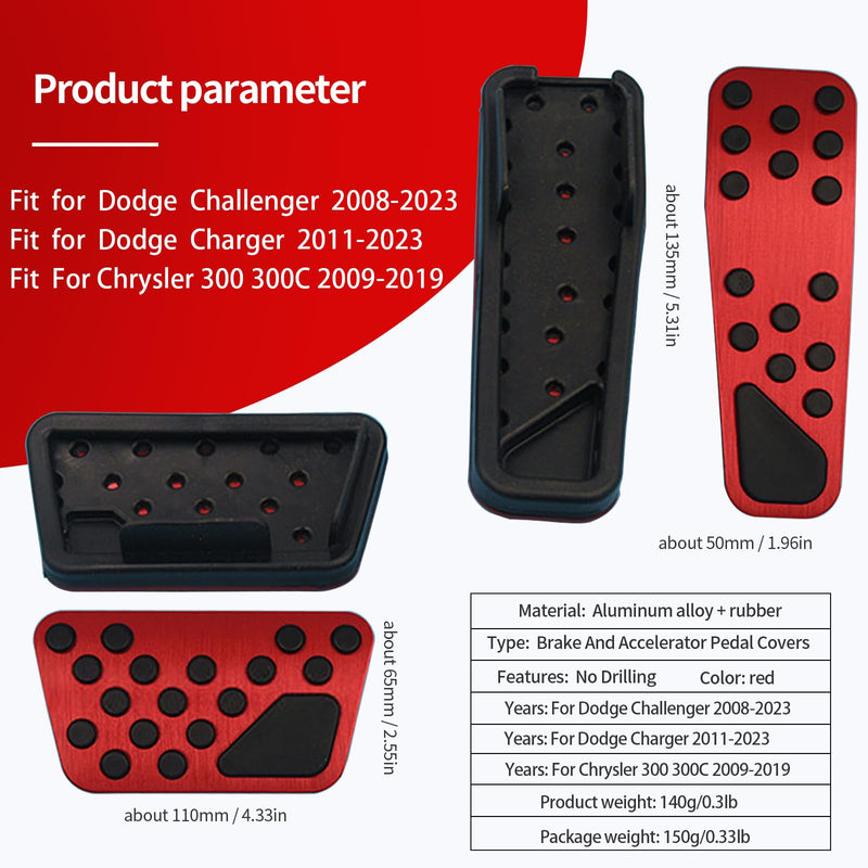 Aluminum Alloy Pedal Cover for Dodge Challenger 2008-2023 for Charger 2011-2023 for Chrysler 300 300C 2009-2019 No Drilling Aluminum Brake and Accelerator Pedal Covers (Red) Red