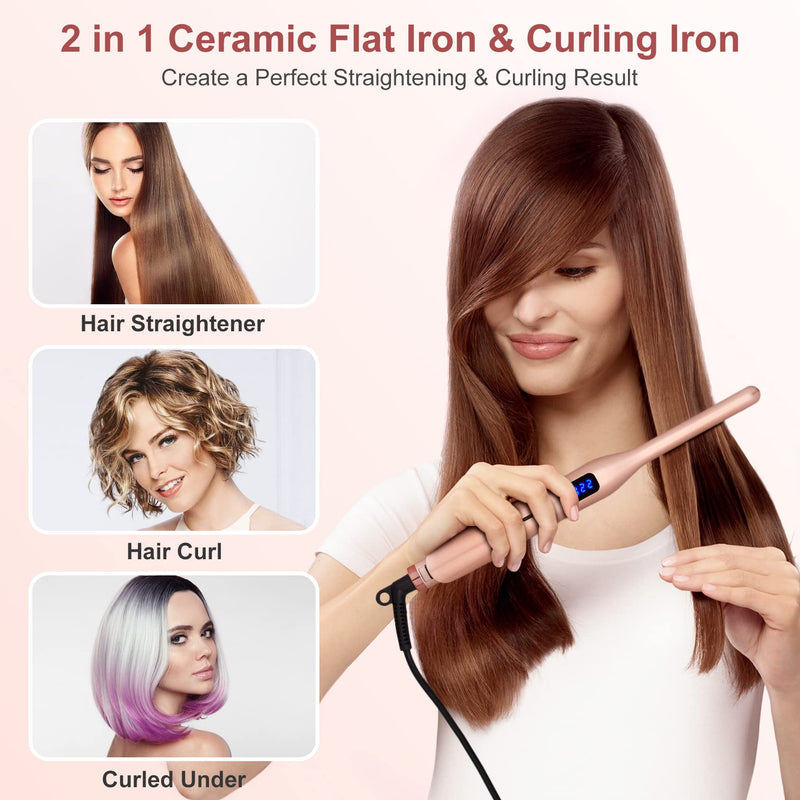 JAETON Mini Hair Straightener for Short Hair,Pixies,Bangs,Small Curls | Small Travel Flat Iron, Adjustable Temperature Pencil Straightener, Dual Voltage Rose Gold