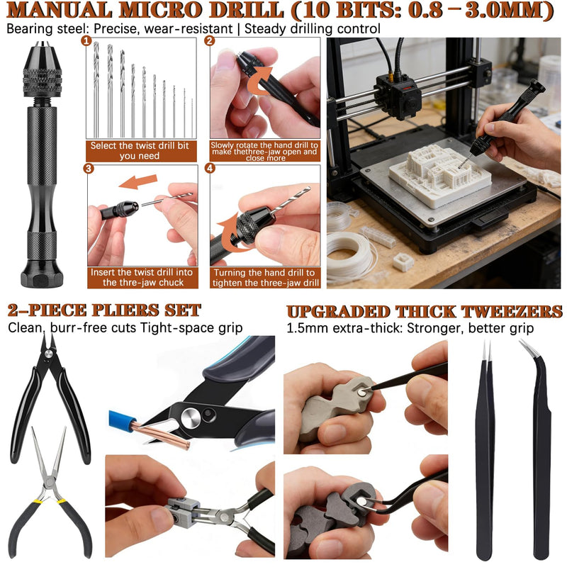 66Pcs 3D Printer Tools Kit with Storage Case, All-in-One Accessories for FDM/SLA Printers - Deburring Tool, Scrapers, Metal Files, Brushes, Hand Drill, Tweezers & More, for Bambu Lab, Ender 3, Kobra