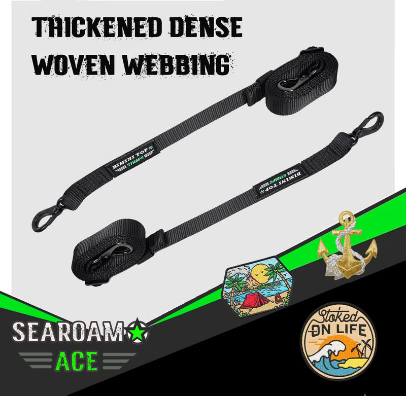 Boat Bimini Top Straps 2 PCS Adjustable Straps with SS 316 Black Plating Hooks 24"~60" Marine Black Nylon Embroidery Webbing Strap,1000LB Break Limit