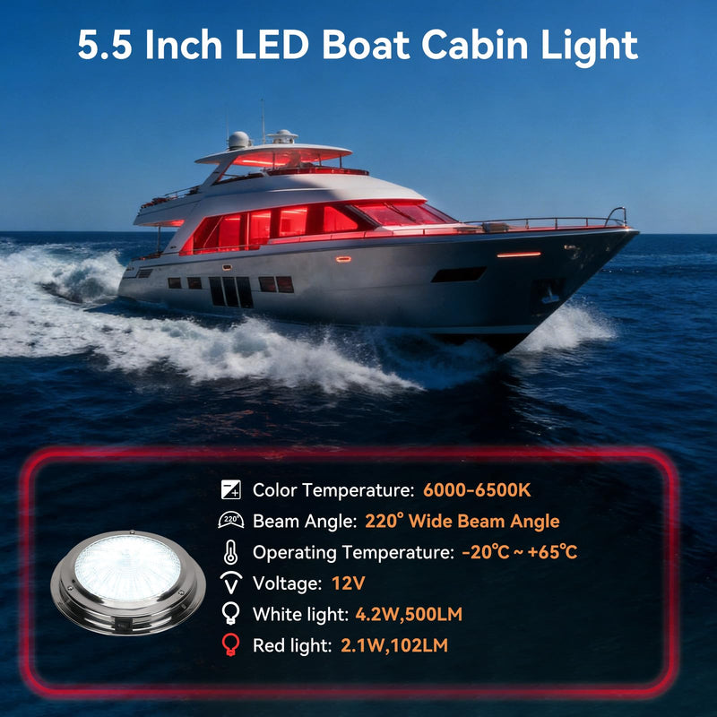 Marine Boat Dome Light, 5.5 Inch Dual Color LED Marine Interior Light with Toggle Switch, 12V Boat Cabin Light with Stainless Steel Surface Mount, White and Red White&Red -Dia 5.5 Inch