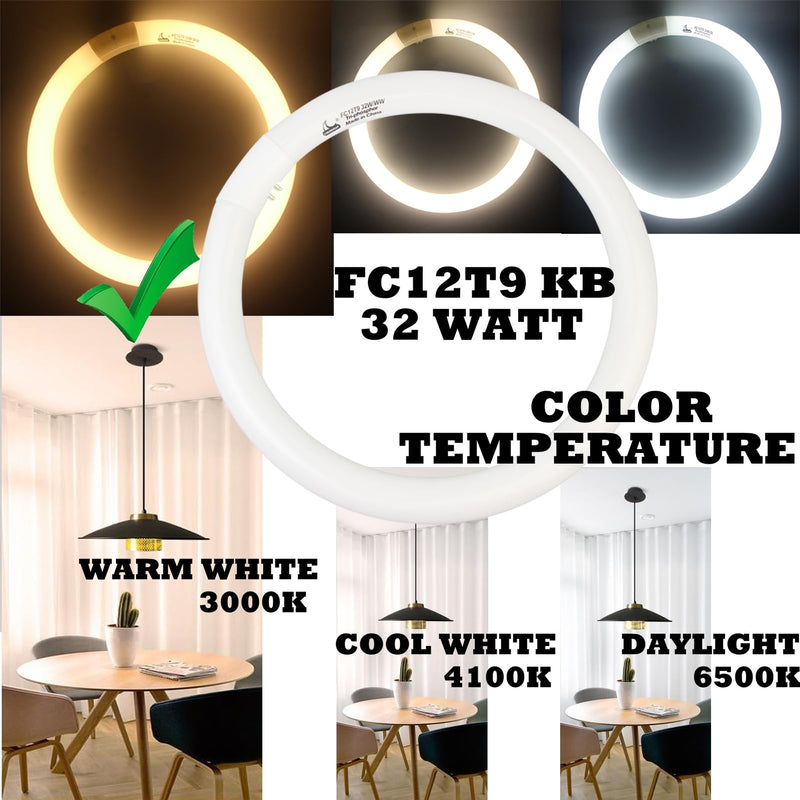 CHKADAWA FC12T9/KB 32 Watt Light Bulb, 12 inch FCL 32W T9 Circular Fluorescent Light Bulb, FC12T9 WW Round Light Bulbs Warm White 3000K, G10q 4 Pin Prong Base, 2 Pack